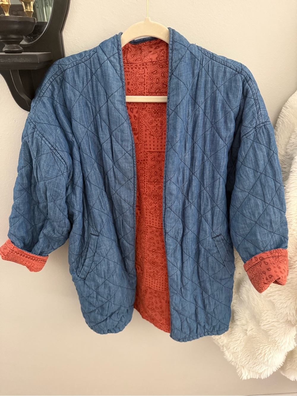 Quilted Chambray Jacket with Coral Lining